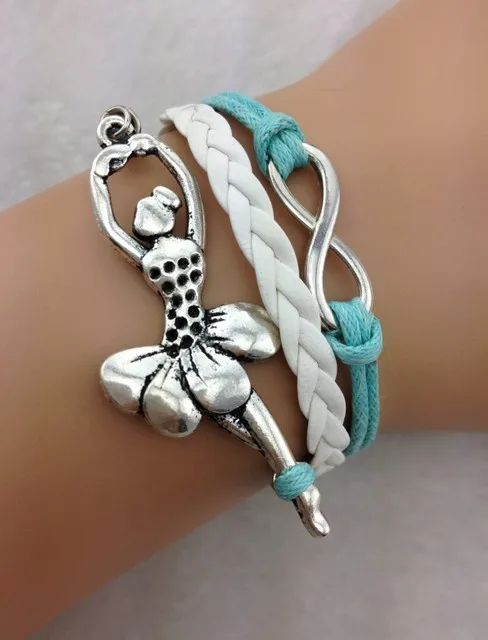 Infinity & Ballet Dancer Charm Bracelet in Antique Silver - Wax Cords and Imitation Leather Braid Bracelet - Friendship Gift 1791