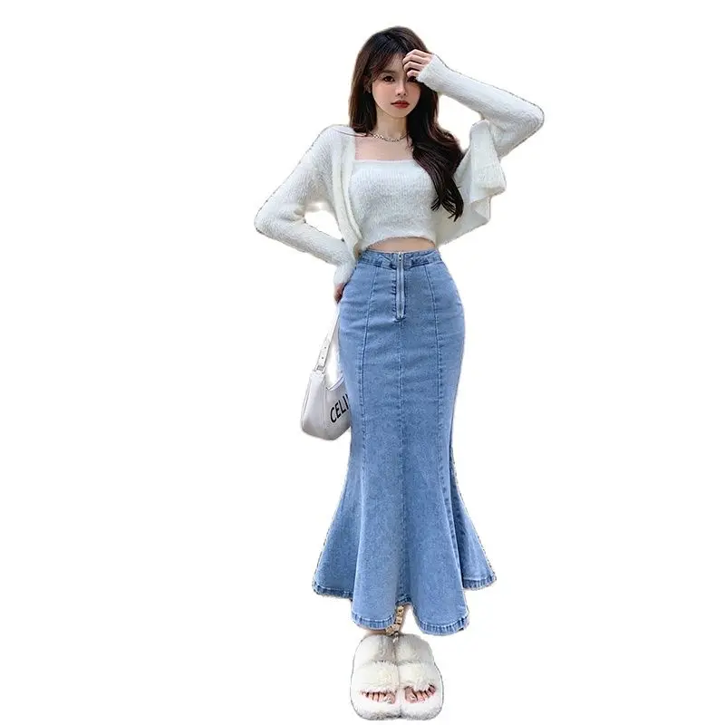 

female denim skirts high-waisted back split skirt Fish tail skirt frill hem A-Line skirts