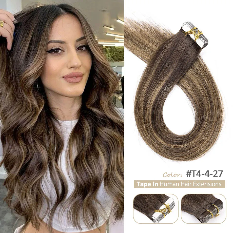 

Tape in Hair Extensions Human Hair Balayage Invisible PU Extensions 14-24" Brazilian Remy Human Hair for Women Hair Extensions