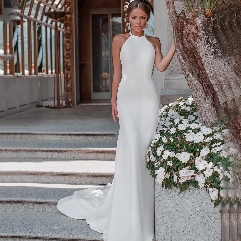 Laxsesu Simple Halter Sleeveless Wedding Dress Sexy Open Back Mermaid Floor Length Bridal Civil Marriage Gowns for Register
Laxsesu Simple Halter Sleeveless Wedding Dress Sexy Open Back Mermaid Floor Length Bridal Civil Marriage Gowns for Register