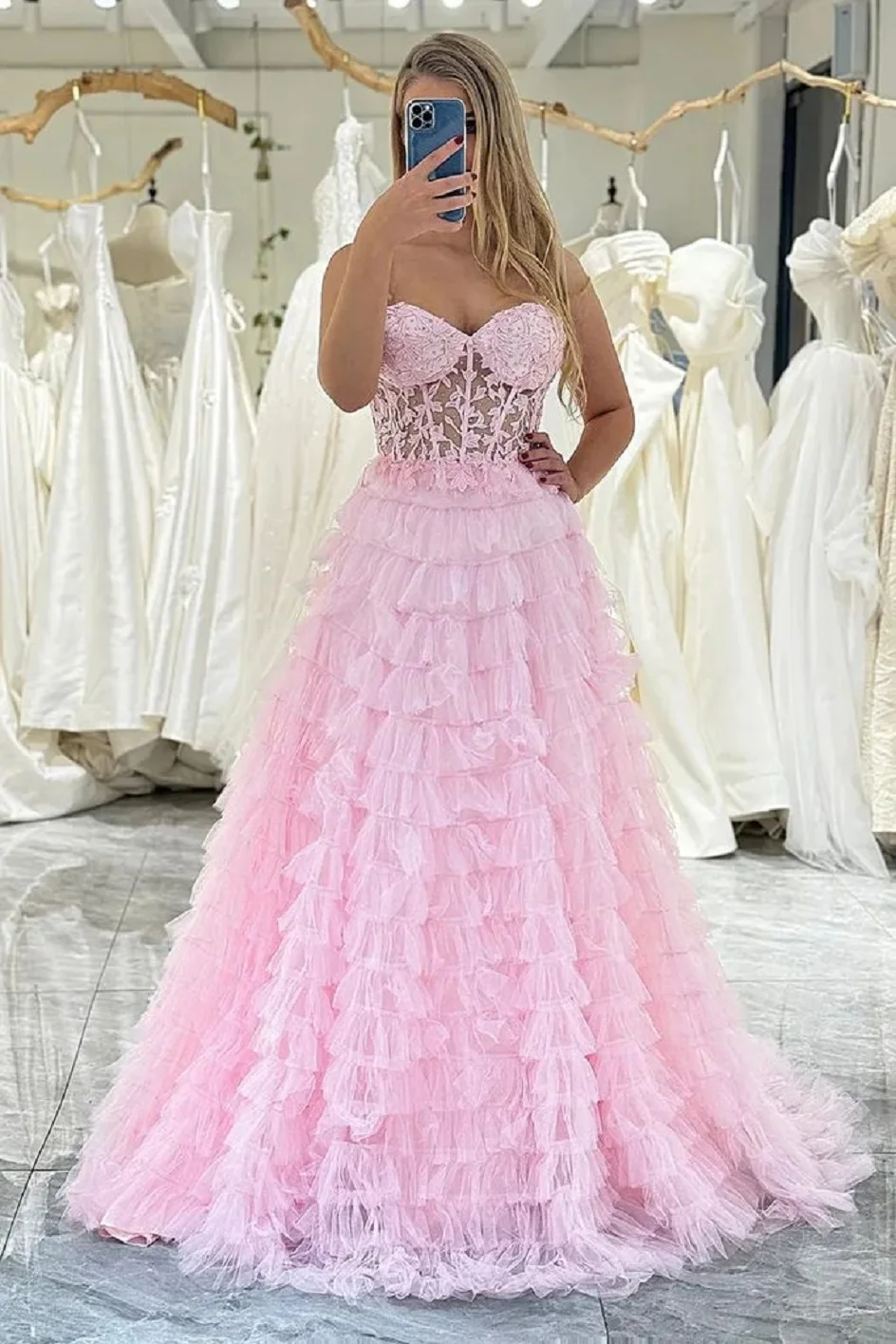 

Pink A-Line Strapless Tiered Long Corset Prom Dress with Lace Prom Dresses Spaghetti Straps Lace Applique Sweetheart Sweep Train