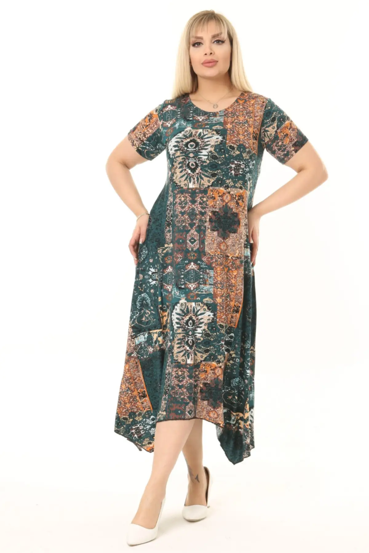 

Plus Size Women's Dress Green Ethnic Patterned Asymmetrical Cut Midi Length Short Sleeve Lycra Knitted Viscose Fabric XL-5XL