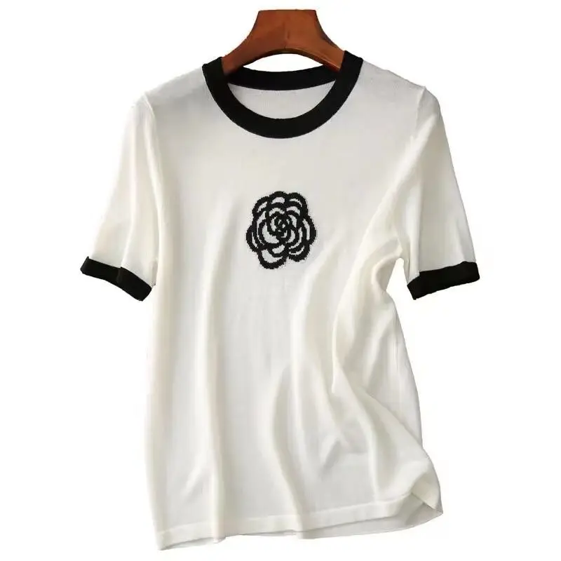 Women Spring/summer New Stylish Ice silk short sleeve T-shirt knitted top O Neck Contrast Color Sweater
Women Spring/summer New Stylish Ice silk short sleeve T-shirt knitted top O Neck Contrast Color Sweater