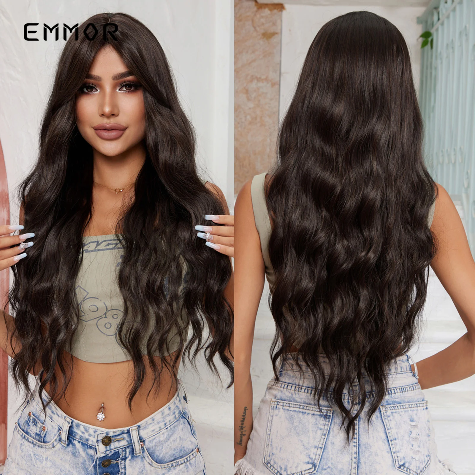 

Emmor Long Brown Black Wavy Synthetic Wigs with Bang Natural Wave Hair Wig for Black Women Daily Cosplay Heat Resistant Fiber