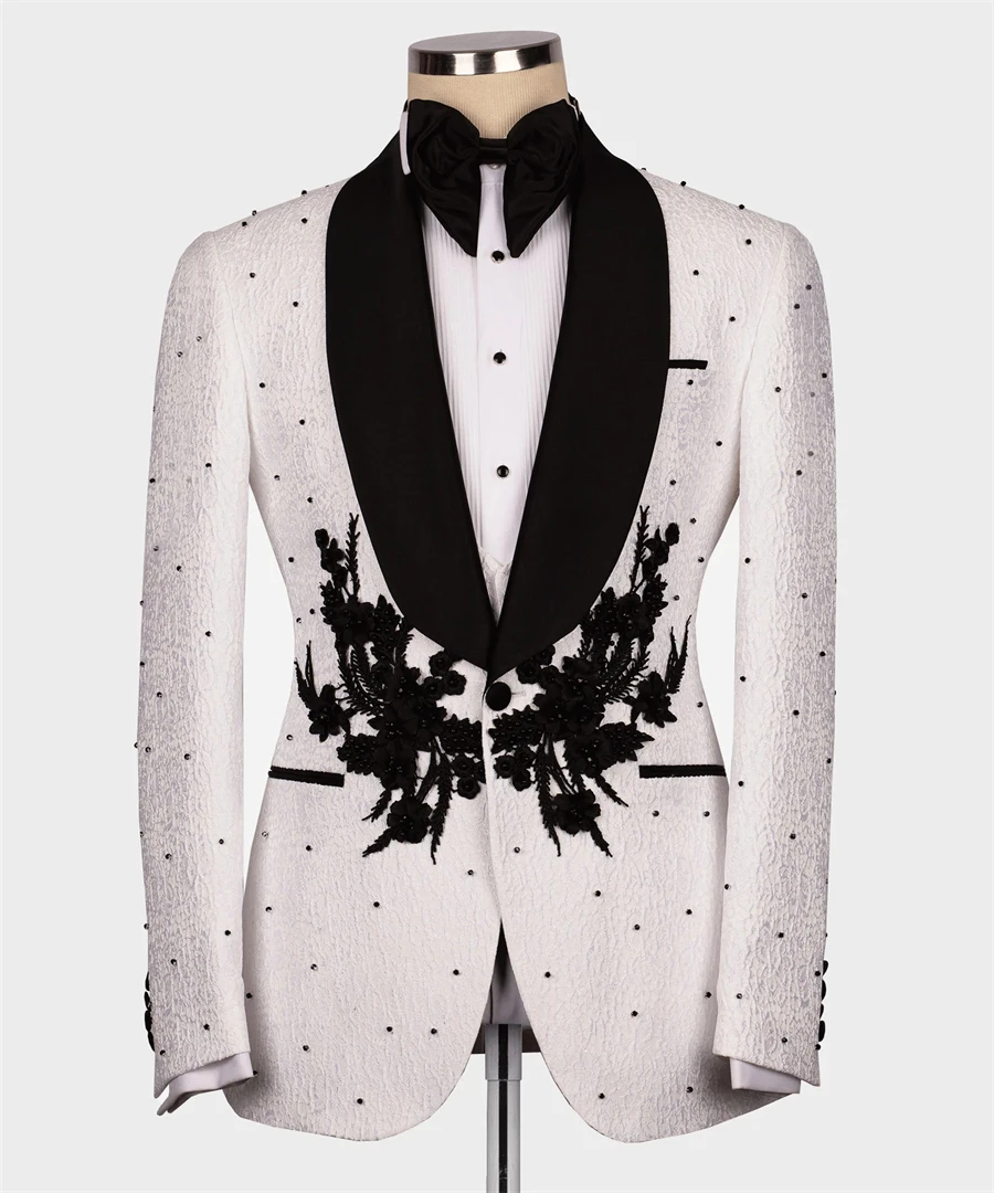 Flower Patterned White-Black Wedding Groom Tuxedo Slim Fit 3pcs Blazer Vest Pants Customized Men's Suit
Flower Patterned White-Black Wedding Groom Tuxedo Slim Fit 3pcs Blazer Vest Pants Customized Men's Suit