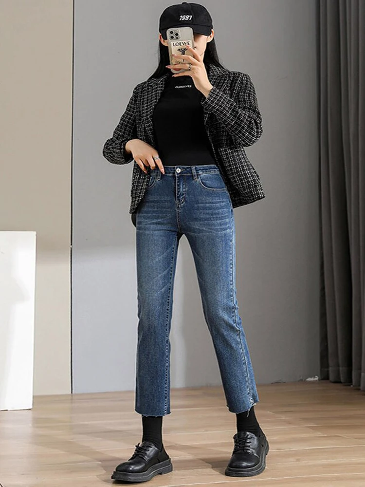 

Deep blue women jeans ankle length girls y2k straight good stretch vintage streetwear denim pants Kor fashion Trousers 2022