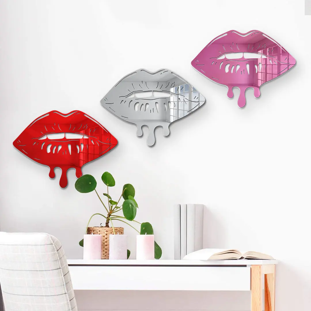 

3D Mirrored melting Lips Wall Art Acrylic Mirror Lips Home Decor Kiss Art Girls Dorm Room Decor Beauty Salon Decor Red lips sign