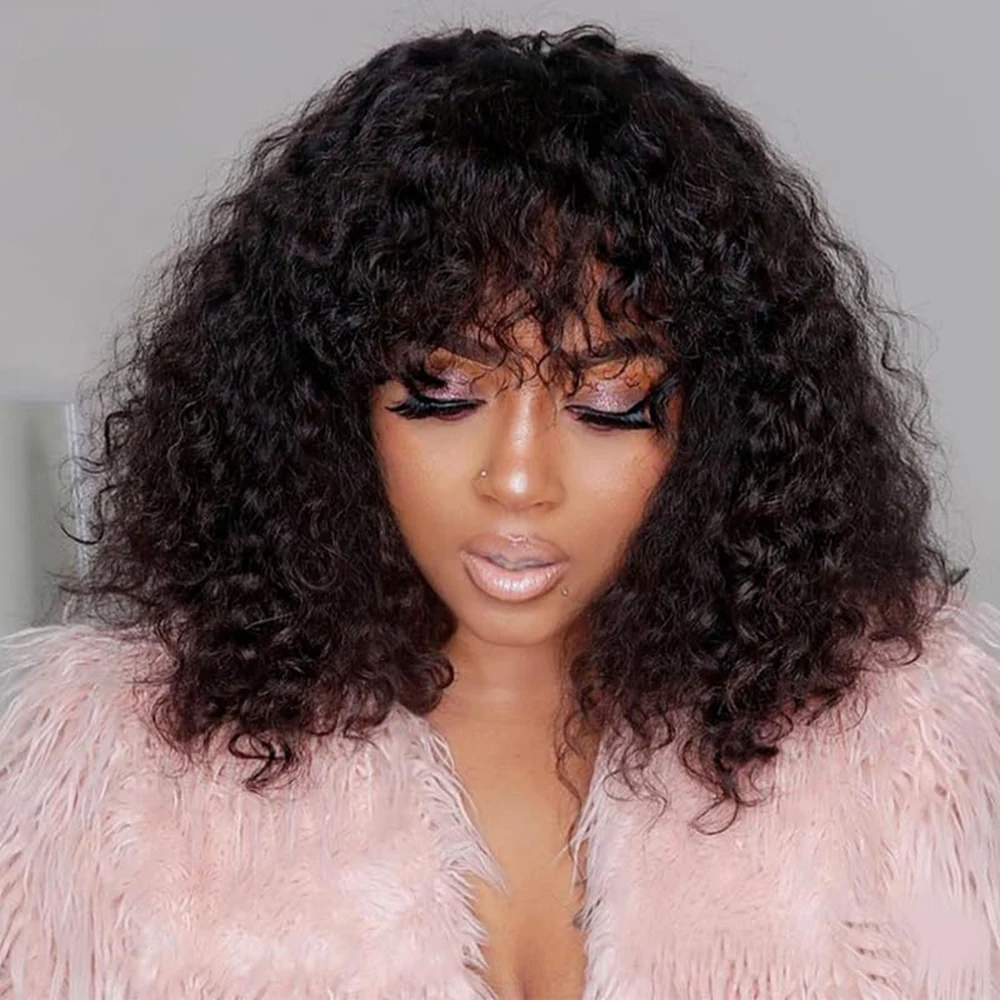 

Short Jerry Curly Bob Human Hair Wigs with Bangs Dark Brown Deep Curly Remy Bob Wig Hairs for Black Women Full Machine Made Wig