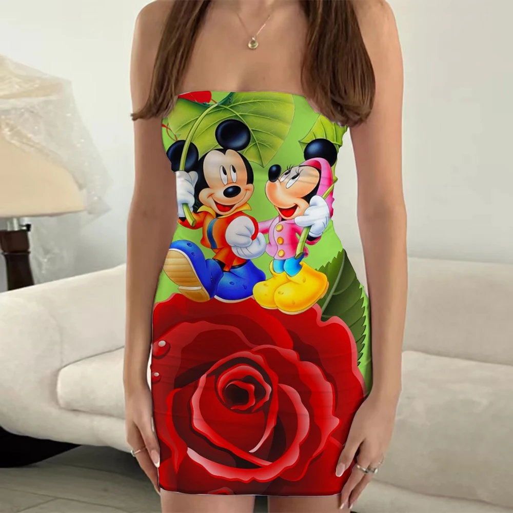 

2023 Summer Disney Brand Mickey Minnie Anime Print Mini Skirt Strapless Dress Beach Party Sexy Fashion Nightclub Tube Top Dress