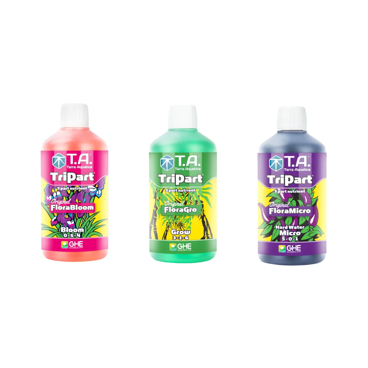 Комплект минеральных удобрений GHE Flora Series (TriPart T.A) (Grow+Bloom+Micro HW) 3шт по 0 5л (для
