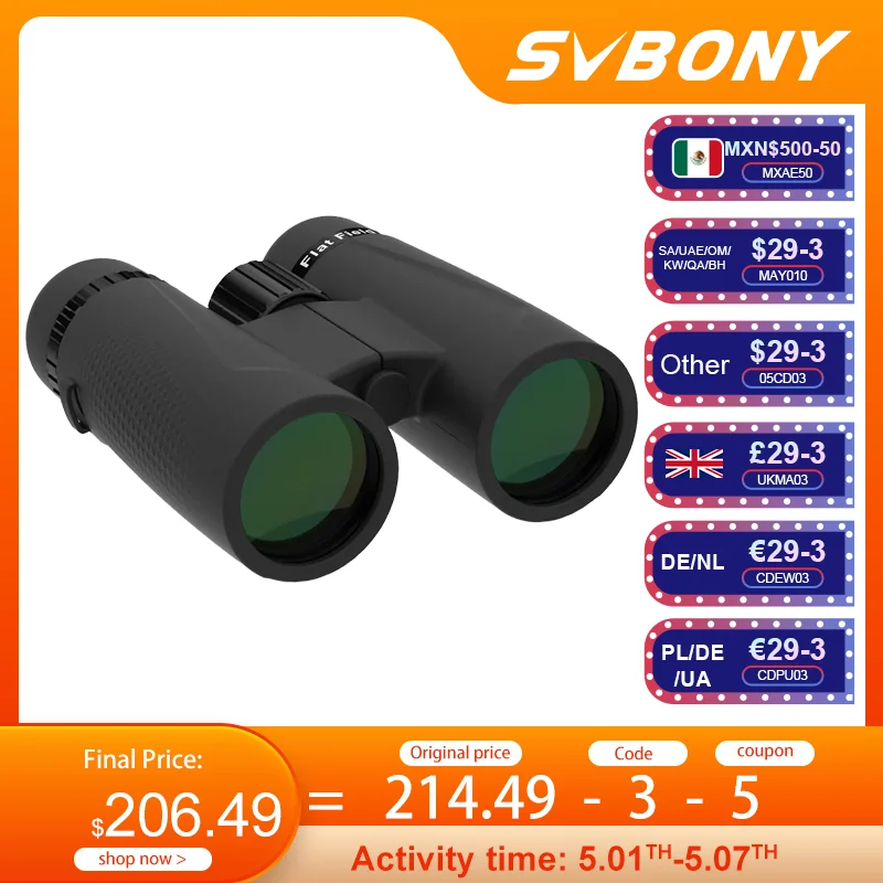 

SVBONY SA205 8X42 ED Flat-field Binoculars,IP67 Waterproof BAK4,Bird Watching,Stargazing,Camping,Travel,Astronomy