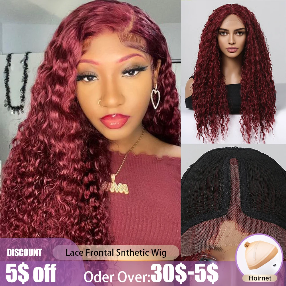 

Burgundy Water Wave Synthetic Wigs HD Glueless Lace Frontal Afro Wig Long Wine Kinky Curly Lace Hair for Black Women Daily Use