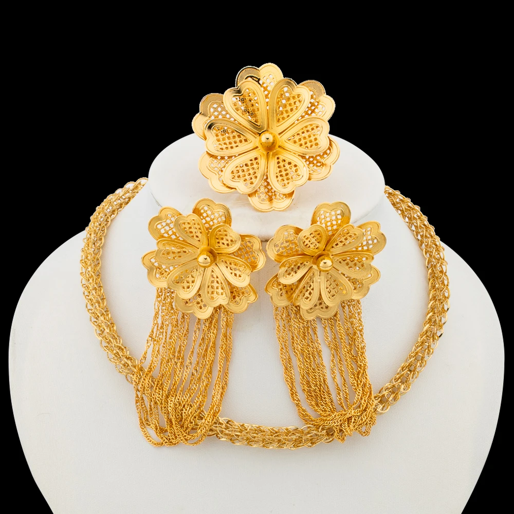 African Gold Color Jewelry Set for Women Flower Design Tassel Earrings and Cockatil Ring 2Pcs Set for Weddings Party Accessories
African Gold Color Jewelry Set for Women Flower Design Tassel Earrings and Cockatil Ring 2Pcs Set for Weddings Party Accessories