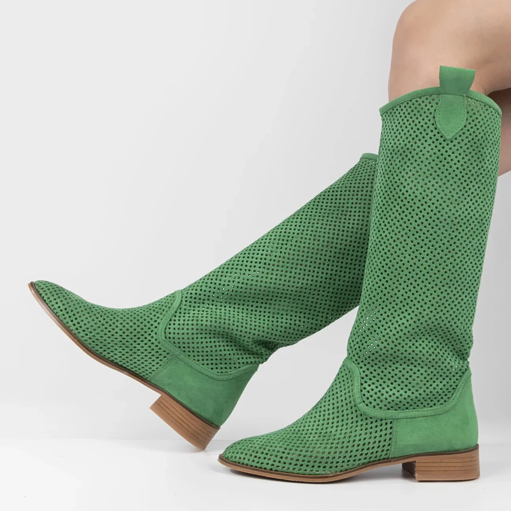 

Женские ковбойские ботинки, зеленые ботинки на низком каблуке, обувь большого размера для женщин