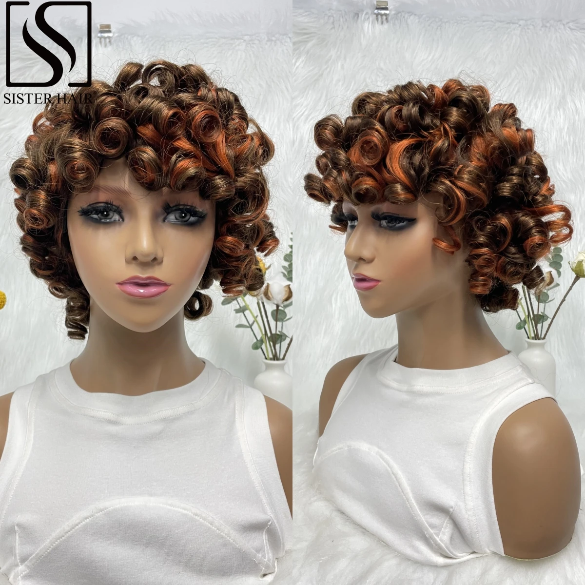 

4/350 Colored Human Hair Wig With Bangs Bouncy Curly 200% Density Short Afro Kinky Curly Full Machine Made Wigs for Black Women