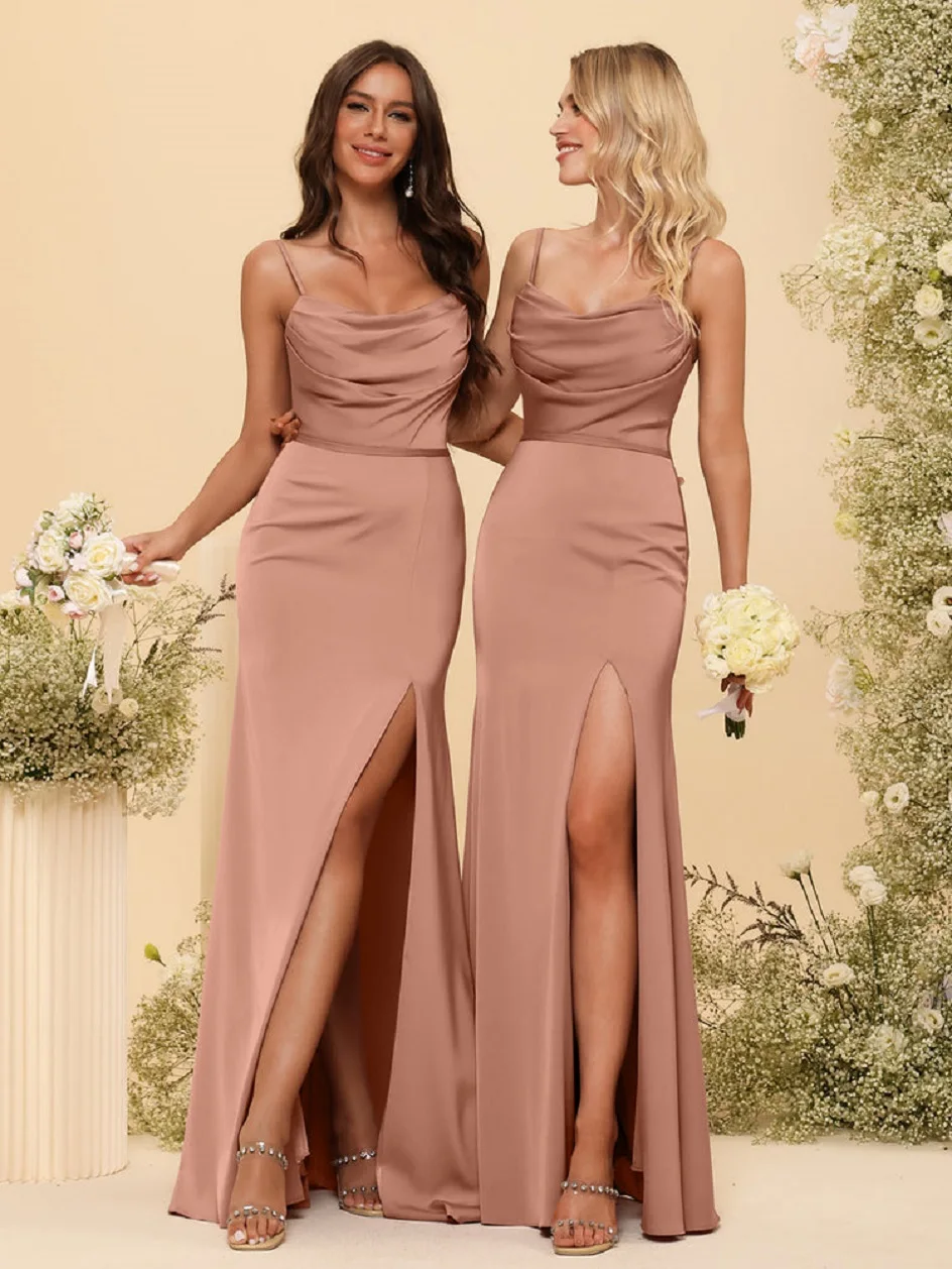 

Spaghetti Straps Satin Bridesmaid Dresses with Pleats Women's Long Mermaid Cowl Neck Formal Party Dresses with High Slit