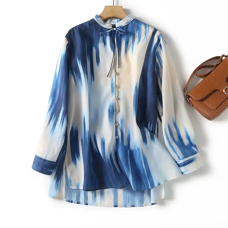 

Withered French Elegant Retro Print Gradient Chiffon Shirt Fashion Loose Office Ladies Stand Collar Casual Shirt Top