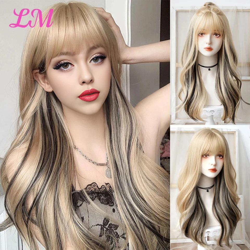 

LM Long Wavy Curly Black Blonde Hair Highlights Synthetic Blend Wigs With Fluffy Bangs For Women's Daily Wear Four Season