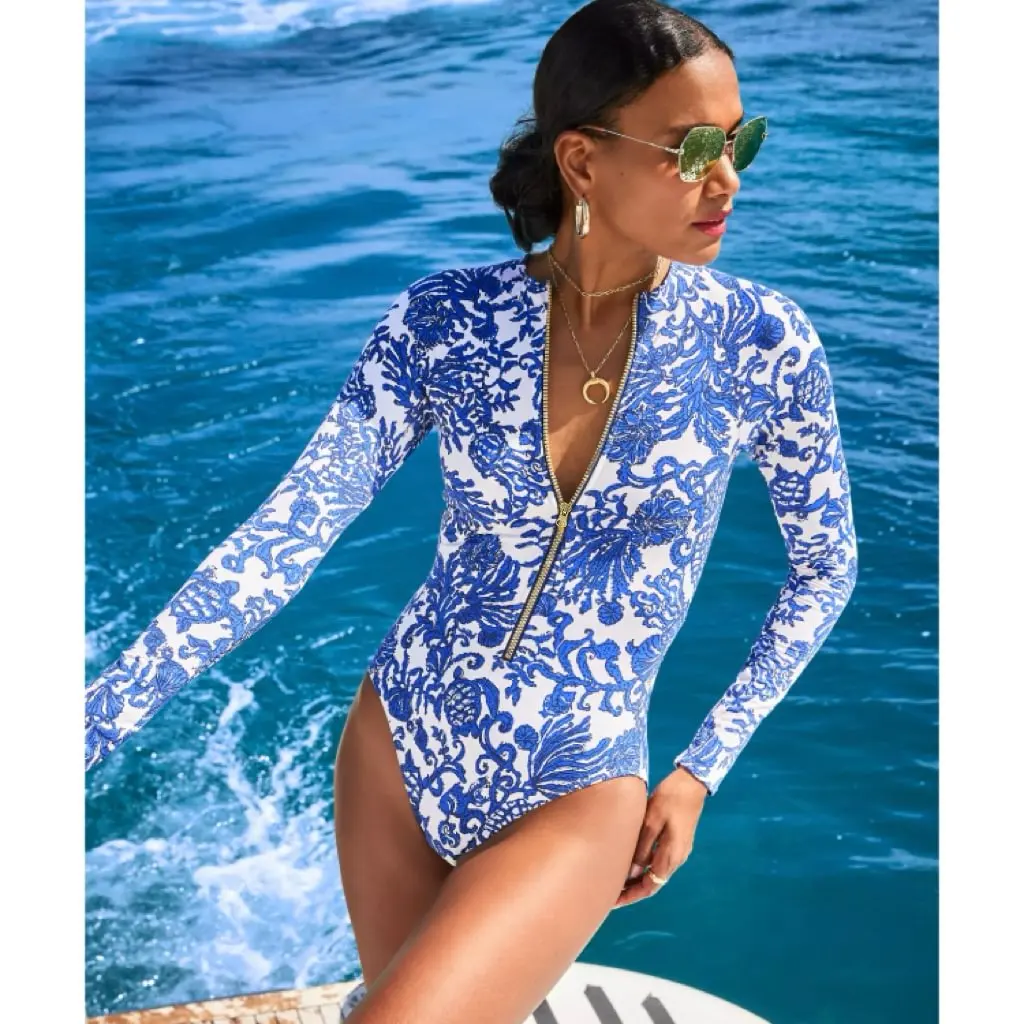 

2024 Swimsuit Long Sleeve Zip Blue White One Piece Swimwear Women Vacation Beachwear Luxury Bathing Suit Bikini surfing suit