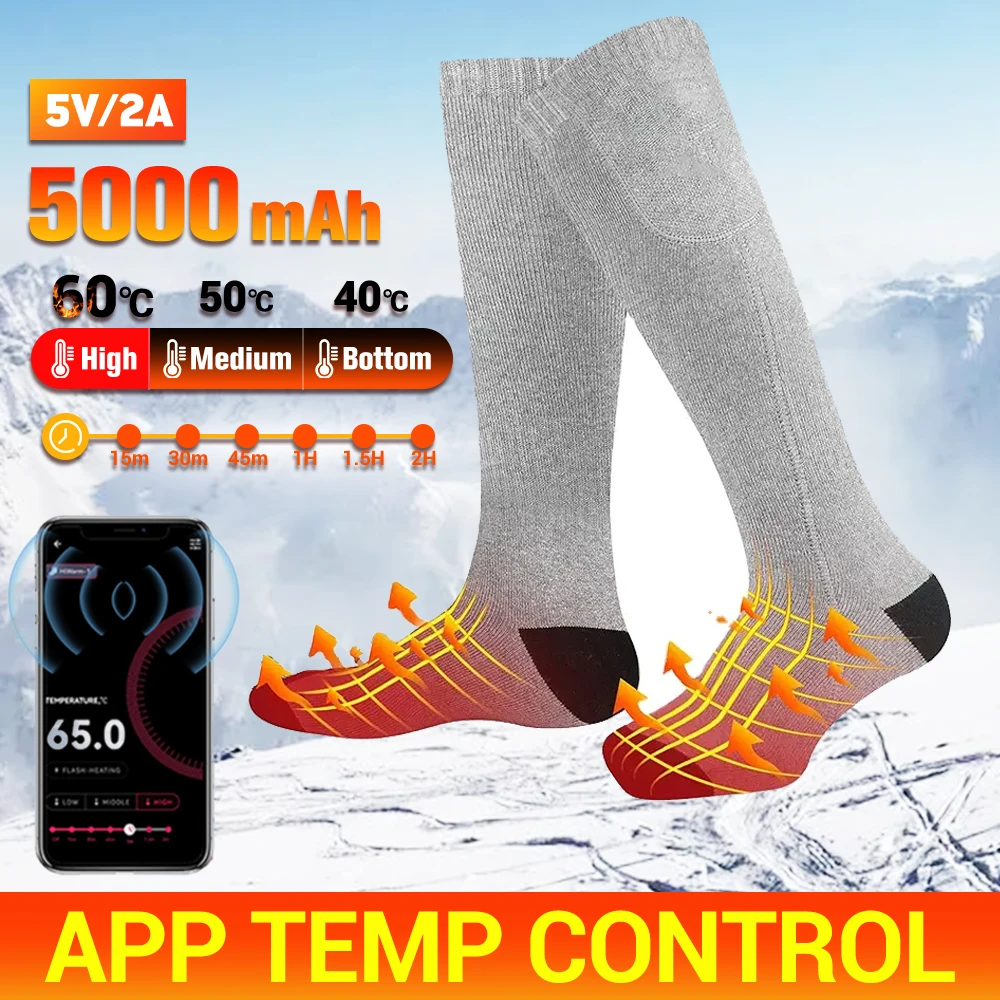 

Зимние носки с подогревом, 5000 мАч, управление через приложение, лыжные термоноски, мужские теплые носки для езды на велосипеде, женские теплые электрические носки с подогревом для ног