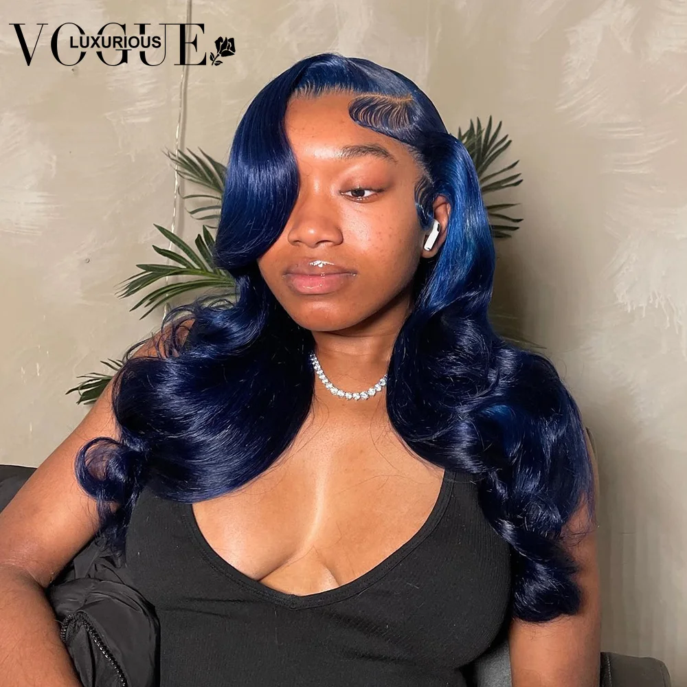 

13x4 Dark Blue Body Wave Lace Frontal Wig For Women Brazilian Virgin Human Hair Wigs Pre Plucked HD Transparent Lace Front Wig