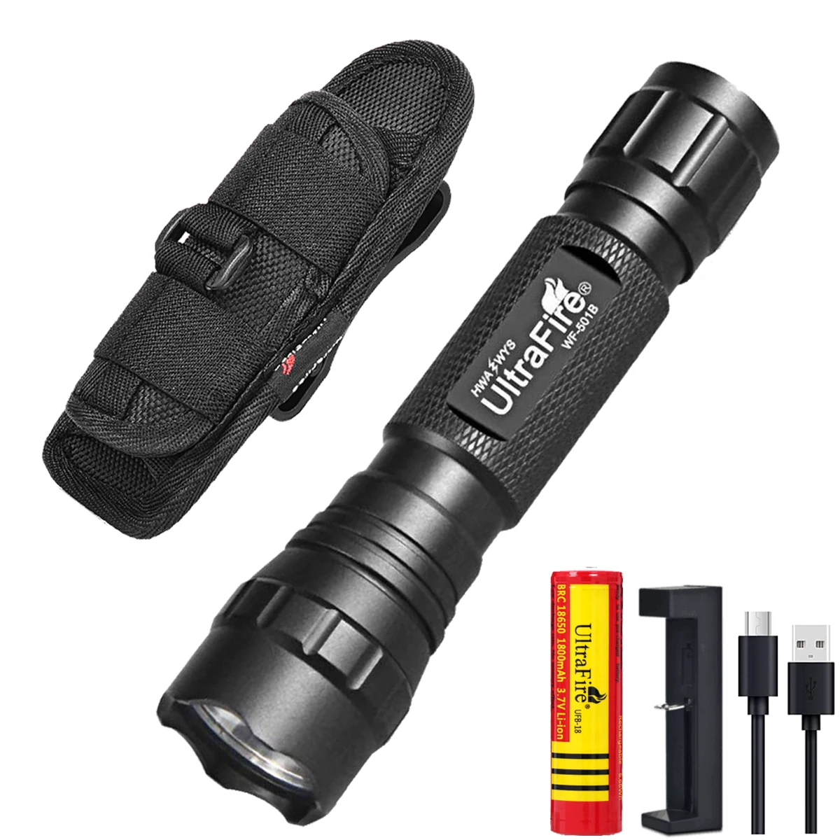 

UltraFire LED Tactical 18650 501B Flashlight Single Mode 1200 High Lumen With Duty Belt Holster Rechargeable Battery And Charger