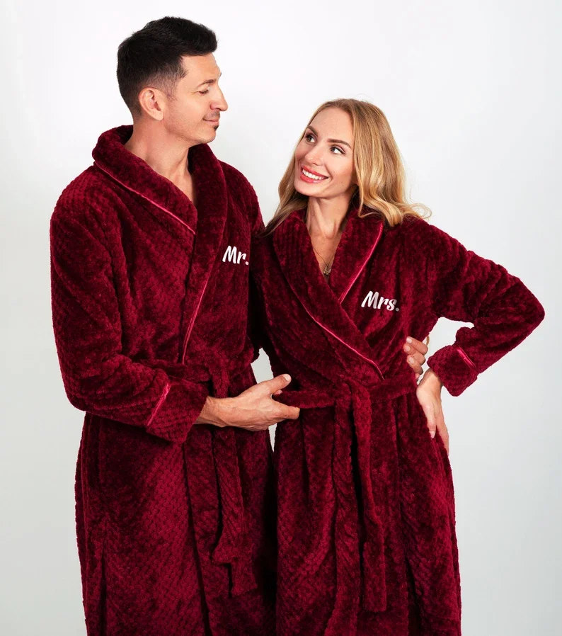 

Custom Long Bathrobes for Couple Matching Women and Men Honeymoon Anniversary Gift Customized Name Wedding Winter Bathrobe