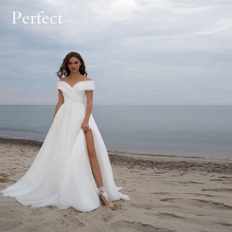 

PERFECT Elegant A Line Elegant Wedding Dress Cap Sleeve V Neck Illusion Back High Slit Pleat Sequined Belt Robe De Mariee