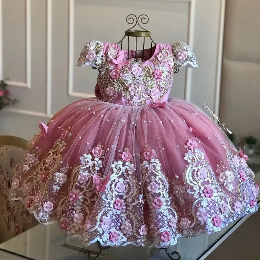 

Pink Appliqued Flower Girl Dresses For Photoshoot Pearls Floral Litter Kids Pageant Gown Birthday Party First Communion Dress