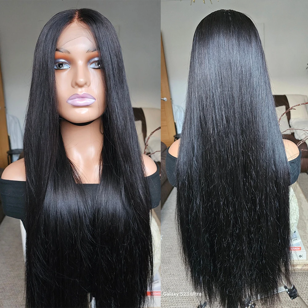 

Silky Straight Virgin Human Hair Wig Natural Black Glueless Lace Front Wig Bleached Knots Ready to Wear Middle Parting 28" 180%