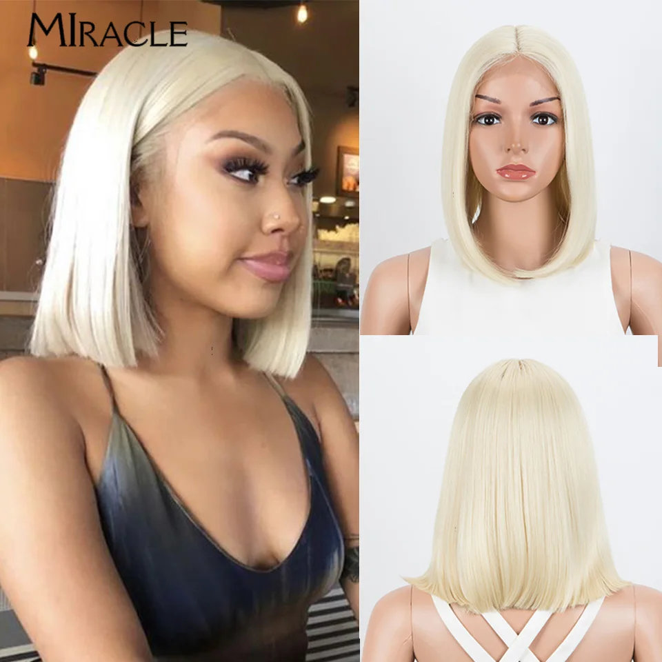 

MIRACLE Straight Short Bob Wig 12 Inch Synthetic Lace Wig for Women Cosplay Wig High Temperature Fiber Wig Middle Part Lace Wigs