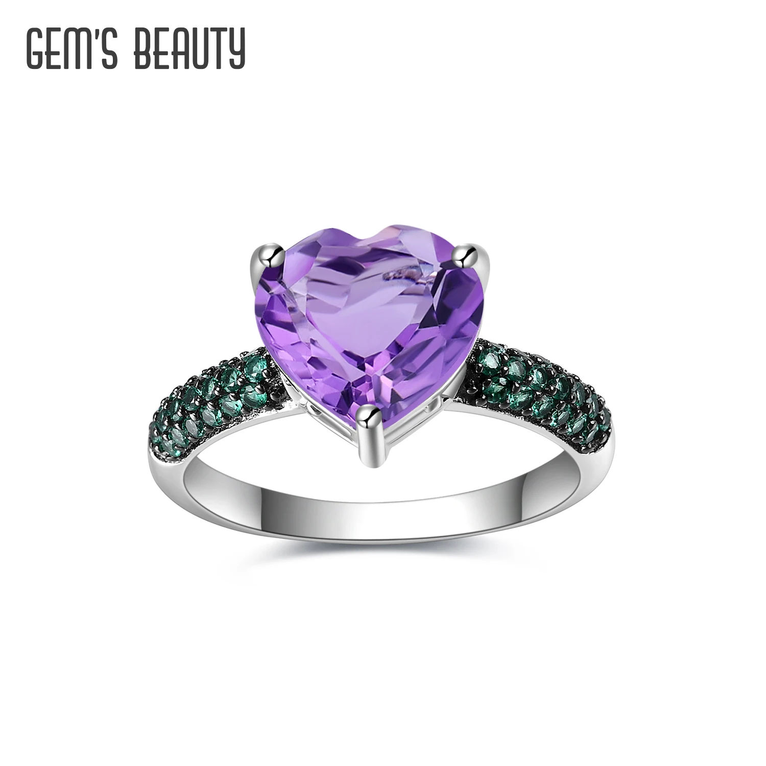 

GEM'S BEAUTY Natural Amethyst Heart Ring Real 925 Sterling Silver Cocktail Ring Handmade Love Token Anniversary Ring for Woman