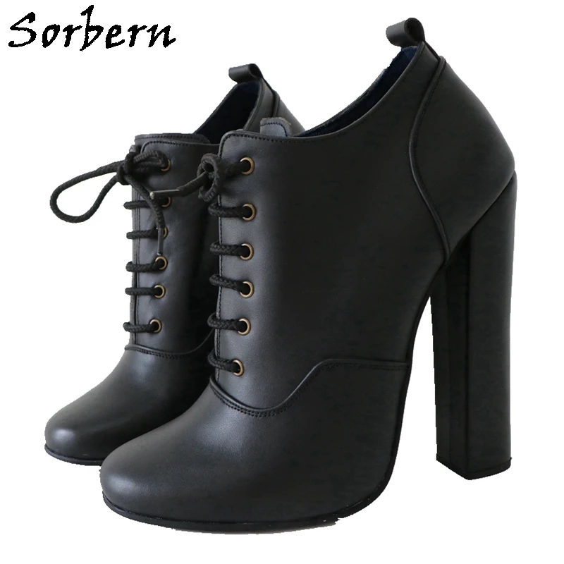 

Sorbern Real Leather Pump Shoe Unisex Block High Heel Round Toe Lace Up Fetish Chunky Heeled Black 16Cm Shoe Custom Colors