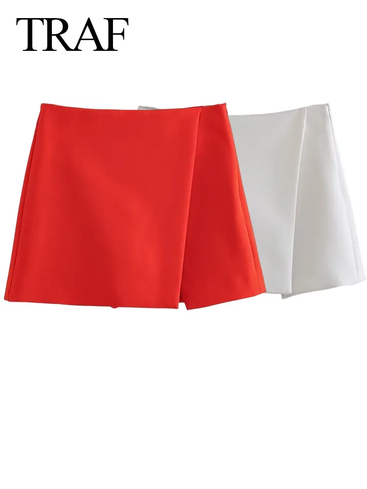 

TRAF Women's Fashion Short Skirt Casual Asymmetric Female High Waist Vintage Side Zipper Hem Fork Short Skirt Elegant Skirt