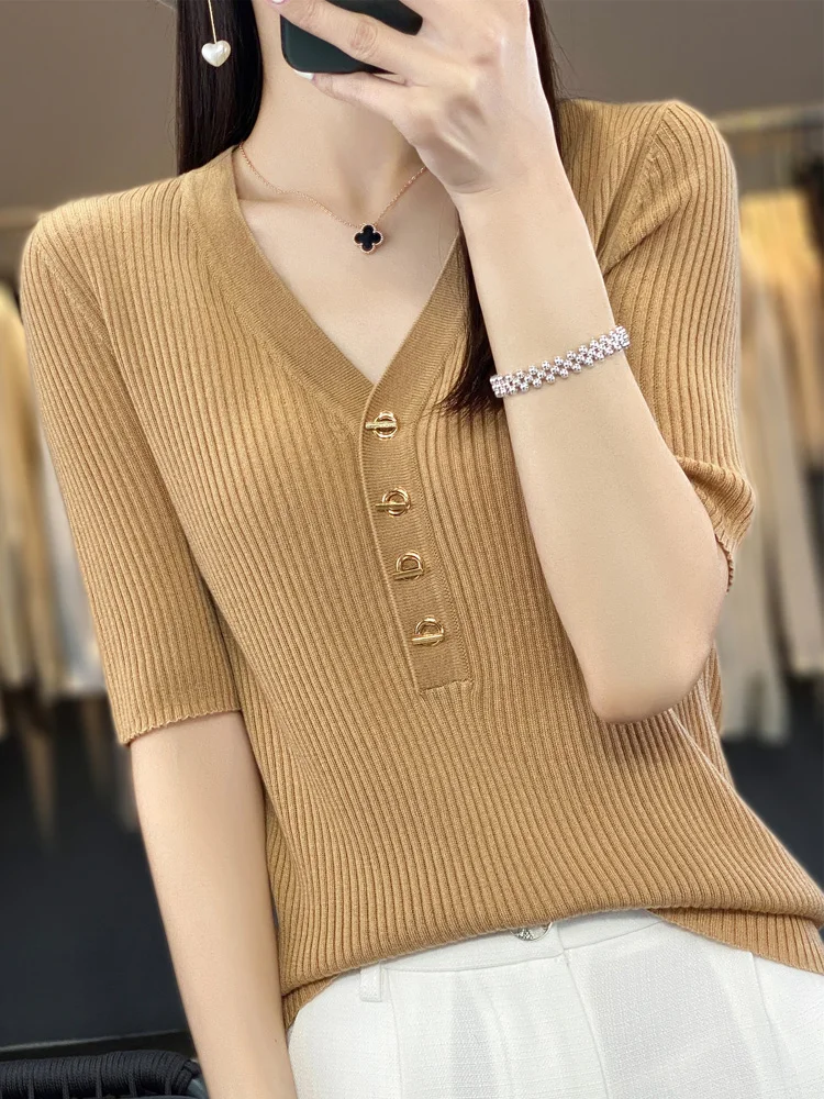 LONGMING Fashion Short Sleeve T-shirt Tops for Women Summer T-shirt Knitted V Neck Tees Korean Casual Chic Top Women's Clothes 
LONGMING Fashion Short Sleeve T-shirt Tops for Women Summer T-shirt Knitted V Neck Tees Korean Casual Chic Top Women's Clothes