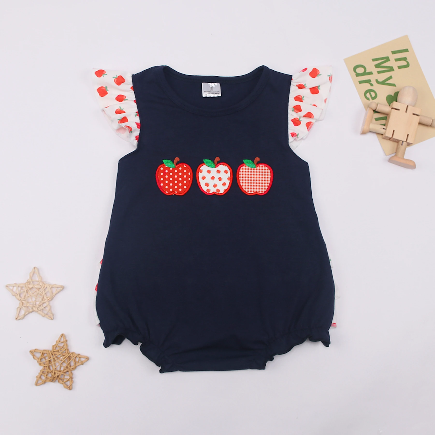 

New Born Baby Girls Clothes Apple Applique One Piece Flying Sleeve Black Romper Back to School Design Bubble Summer Style