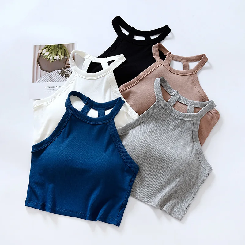 

Ribbed Women's Camisole Sexy Backless Halter Neck with Padded Bust Crop Top Slim Undershirts Base Layer Tank Female Camis C5723