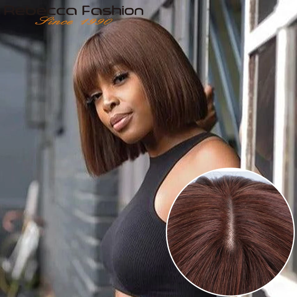 

180D Glueless Realastic Scalp Brown Bob Lace Wigs With Bangs Fringe Middle Part Brazilian Straight Human Hair Bob Wigs Wear & Go