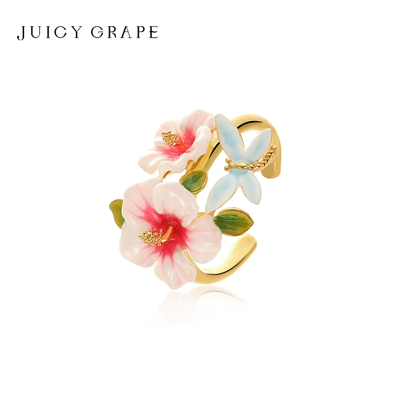 

Juicy Grape Enamel Flower Adjustabl Ring for Women dragonfly and Hibiscus Flower Ring 18K Gold Plated Luxury Christmas Gift