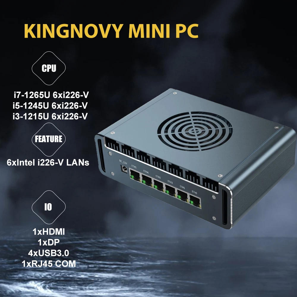 

Бытовой брандмауэр Kingnovy, настольный компьютер с процессором i3-1215U, без кулера, Pfsense Router 6 LAN, 4xUSB3.0 1xRJ45 COM