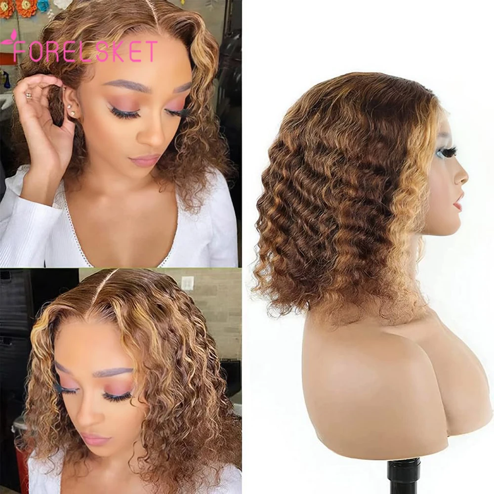 

P4/27 Highlight Brazilian Deep Curly Bob Hair Wig Black Dark Color Sleek HD Lace Front Part Transparent Remy Reddish Brown Color
