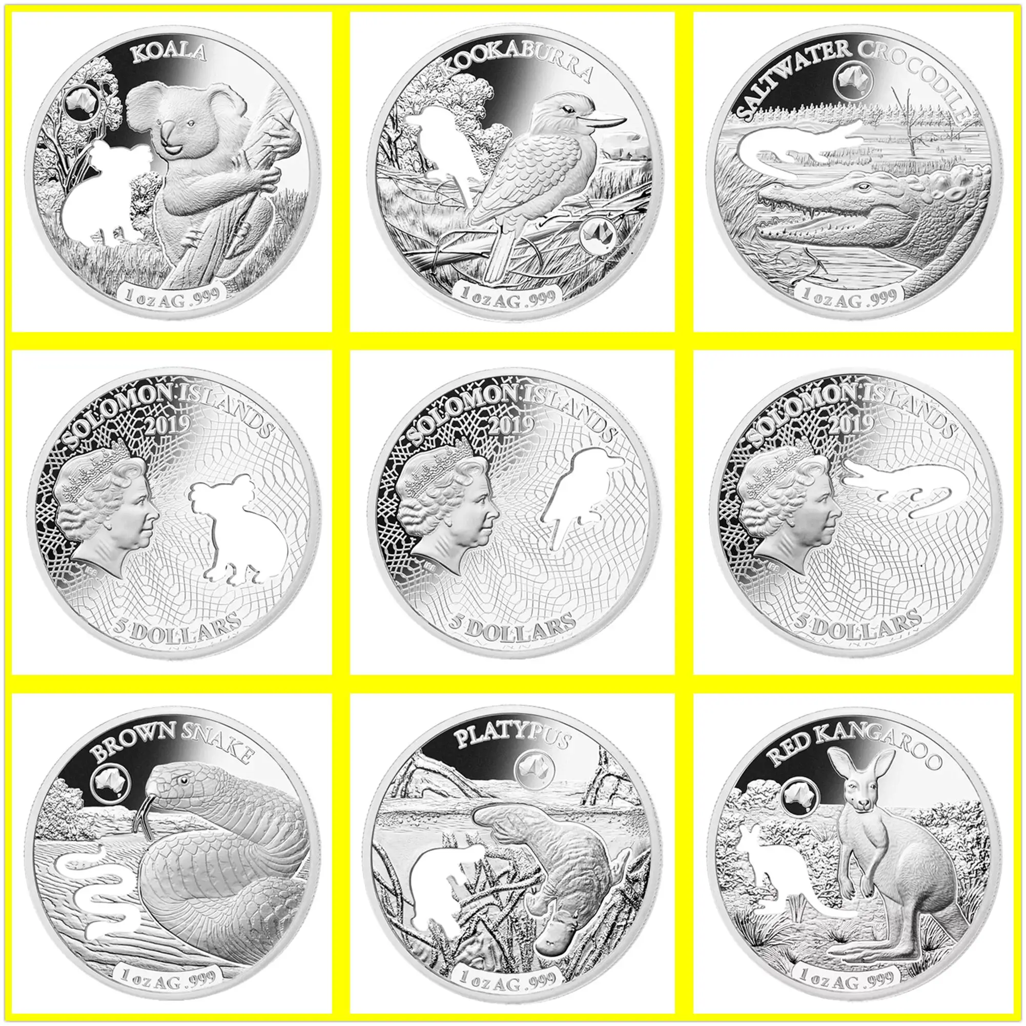 

6pcs/lot 2019 Australia Coins 1oz Silver Coin Crocodile + koala +Snake+ kookaburra Challenge Coins Gift