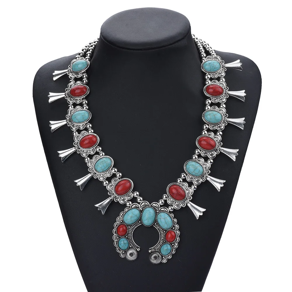 

Large Statement Jewelry Silver Plated Ethnic Tribal Bold Chunky Resin Coral Turquoise Indian Squash Blossom Necklace for Women