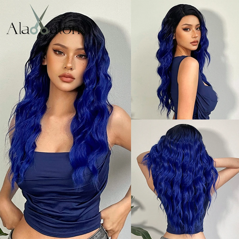 

ALAN EATON Sapphire Blue Hair Wigs with Black Roots Long Curly Side Parting Lace Ftontal Wigs for Women Afro Cosplay Heat Resist