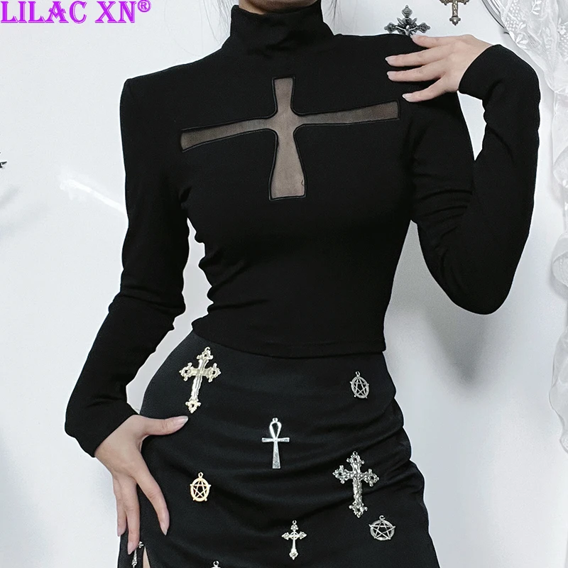 

Goth Black Cross Hollow Out Turtle Neck Long Sleeve T Shirt for Women Autumn Elegant Sexy Lace Mesh See Through Corset Crop Tops