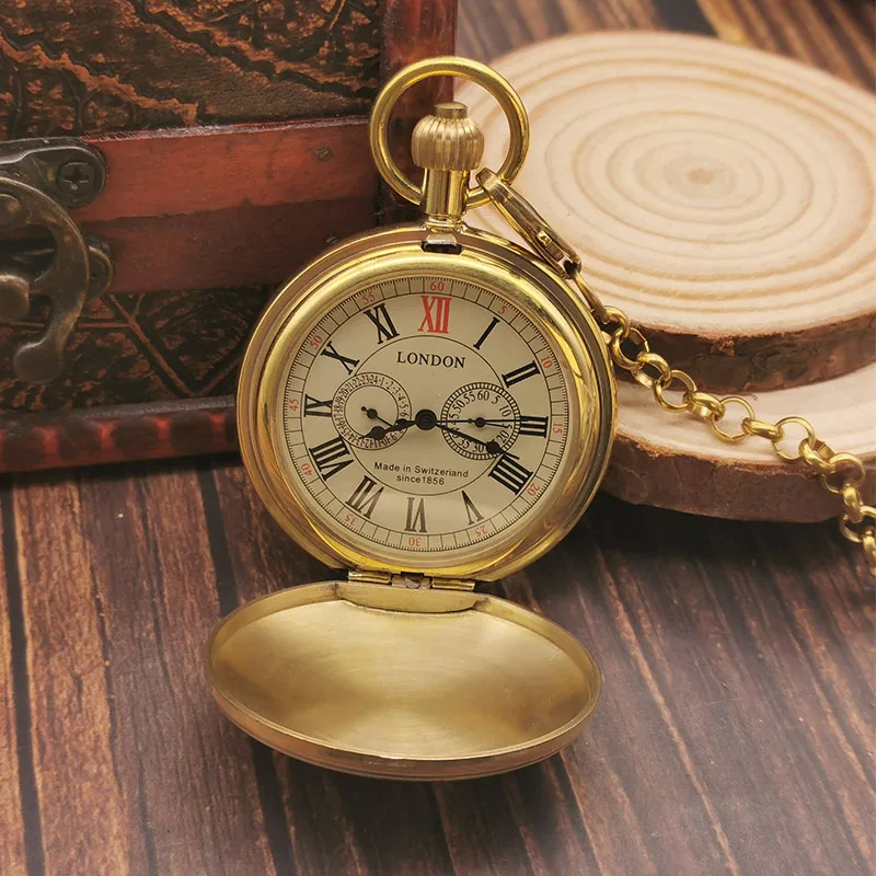 

Antique Retro Copper London 1856's Hands Mechanical Pocket Watch Top Luxury Hand Winding Skeleton Men Clock with Chain Gifts