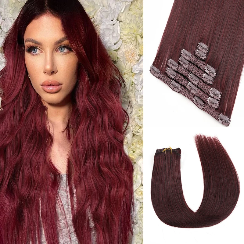 

Clip In Hair Extensions Real Human Hair 12-18 Inch 7pcs Human Hair Extension Clip Ins Burgundy Wine Red Long Full Head For Women