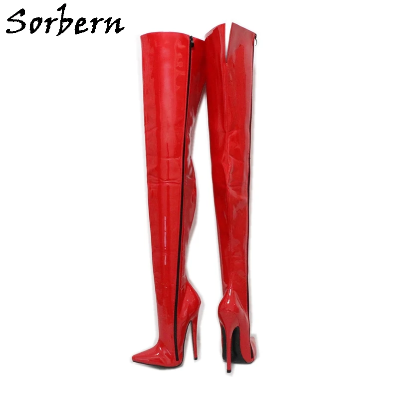 

Sorbern Red Patent Crotch Thigh Boots Unisex Open Back Thick Shaft Pointy Toes High Heel Stilettos Fetish Boot Custom