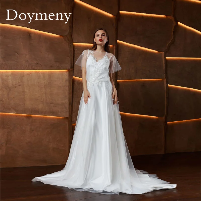 

Doymeny New Arrival Satin A Line with Removable Cloak Simple Wedding Dress V Neck Backless Beading Court Train Robe De Mariee