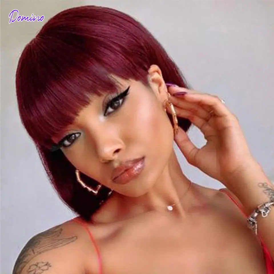 

99J Burgundy Red Bob Human Hair Wig With Bangs For Women Straight Remy Bang Wig Human Hair Full Machine Made Colored